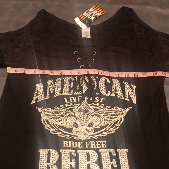 NWT. American Rebel Black Cold Shoulder Lace Sleeve Top - Picture 10 of 12